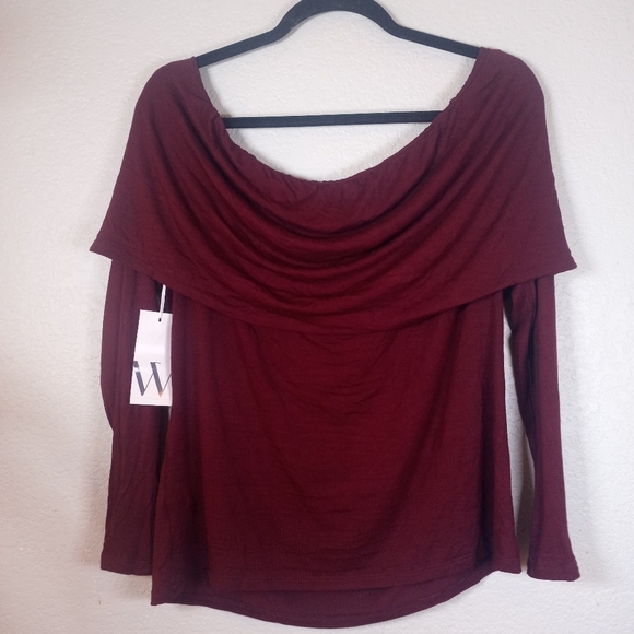 Worthington Burgundy Draped Off Shoulder Cowl Neck Long Sleeve Boho Casual Shirt - Picture 4 of 8
